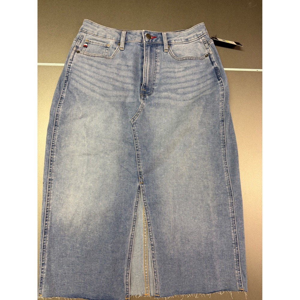 Tommy Hilfiger Womens Denim Midi Skirt Light Wash Raw Hem career church casual